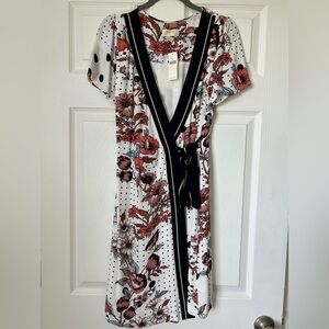Maeve by Anthropologie White Floral Wrap Dress with Black Trim